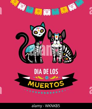 Il giorno dei morti, Dia de los moertos, animali teschi e lo scheletro decorata con colorate elementi messicano e fiori. Fiesta, Halloween, vacanze Illustrazione Vettoriale
