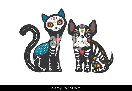 Il giorno dei morti, Dia de los Muertos, cane e gatto teschi e lo scheletro decorata con colorate elementi messicano e fiori. Fiesta, Halloween, vacanze Illustrazione Vettoriale