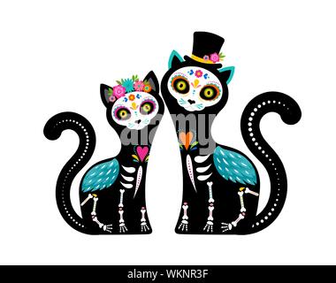 Il giorno dei morti, Dia de los Muertos, gatti teschi e lo scheletro decorata con colorate elementi messicano e fiori. Fiesta, Halloween, poster di vacanze Illustrazione Vettoriale