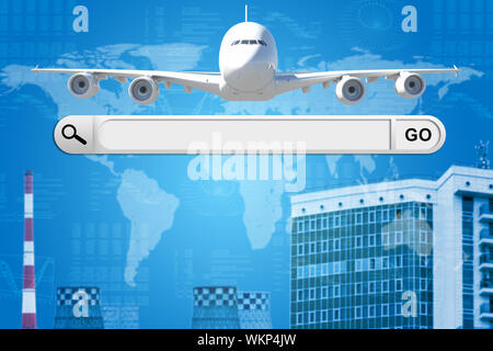Barra di ricerca nel browser. In aereo su sfondo di edifici e grafici Foto Stock