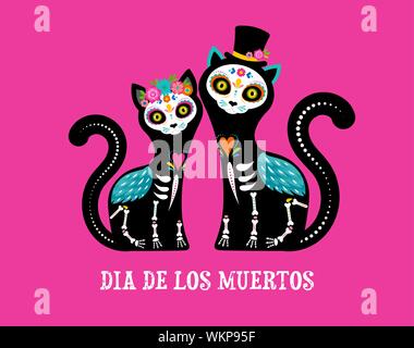 Il giorno dei morti, Dia de los Muertos, gatti teschi e lo scheletro decorata con colorate elementi messicano e fiori. Fiesta, Halloween, poster di vacanze Illustrazione Vettoriale