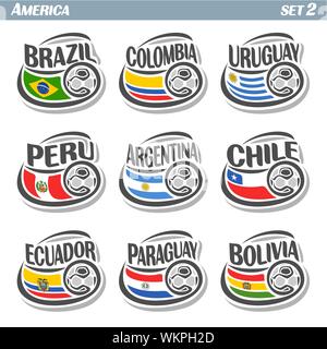 Vector set of icons with flags of American national teams with soccer ball on white. Illustrazione Vettoriale
