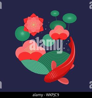 Uno spettacolare pesce Koi, rosso di carpe e fiori. Illustrazione Vettoriale Illustrazione Vettoriale