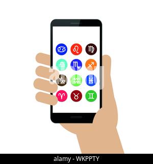 Mano trattiene smartphone con colorati segno zodiacale oroscopo illustrazione vettoriale EPS10 Illustrazione Vettoriale