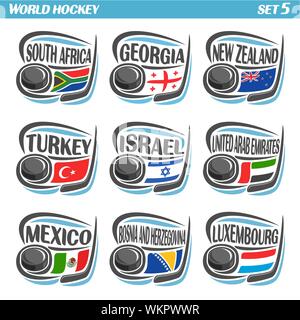 Set di vettore con le bandiere dei paesi Europei di Hockey su Ghiaccio Puck. Illustrazione Vettoriale