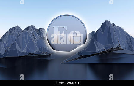 Simbolo di ferro in forma di moneta in astratto le montagne. Il rendering 3D Foto Stock