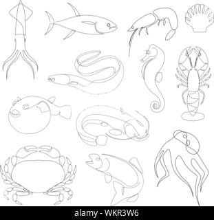 Animali subacquei collezione disegnata da una linea. Stile minimalista mare oceano e creature. Illustrazione Vettoriale Illustrazione Vettoriale