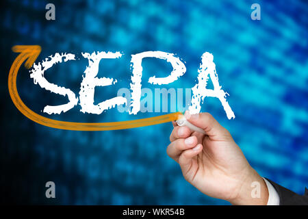 Imprenditore a scrivere la parola sepa contro blu lucido codice binario su sfondo nero Foto Stock