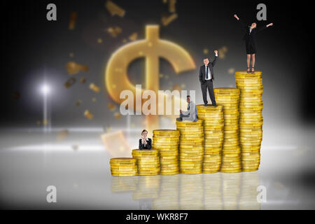 Immagine composita della gente di affari sulla pila di monete contro golden dollar sign Foto Stock