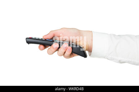 Imprenditore azienda black telecomando su sfondo bianco Foto Stock