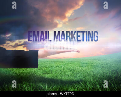 Mano Businesswomans presentando le parole email marketing contro campo verde sotto il cielo arancione Foto Stock