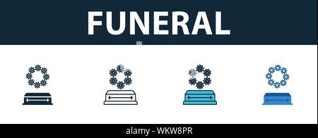 Funerale icon set. Quattro elementi in diversi stili di assicurazione dalla raccolta di icone. Creative icone funebre riempito, del contorno colorato e simboli di Piana Illustrazione Vettoriale