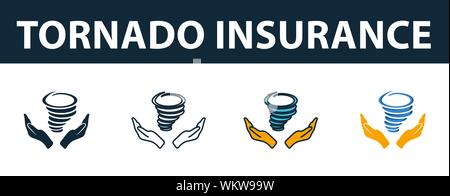 Assicurazione Tornado icon set. Quattro elementi in diversi stili di assicurazione dalla raccolta di icone. Creative tornado icone di assicurazione riempito, contorno Illustrazione Vettoriale