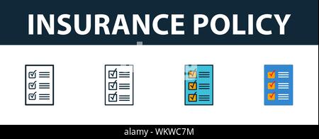 Polizza assicurativa icon set. Quattro elementi in diversi stili di assicurazione dalla raccolta di icone. Creative polizza assicurativa icone riempito, contorno, colorati Illustrazione Vettoriale