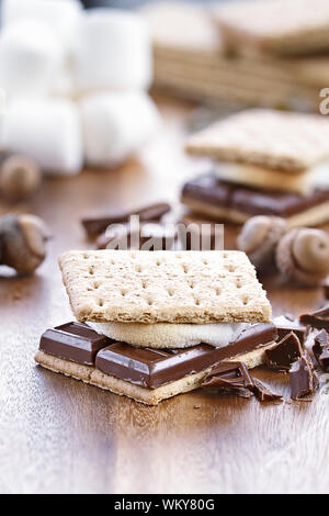 Deliziosa Smores con cioccolato e marshmallows. Estrema profondità di campo. Foto Stock