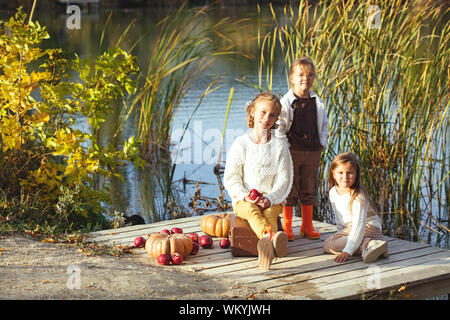 Bambini che giocavano nei pressi del lago in autunno Foto Stock