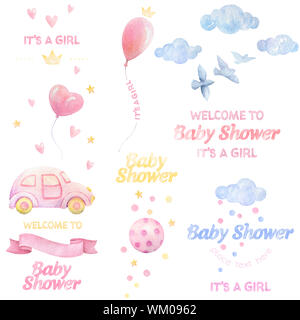 Baby shower ragazza. Set di acquerelli. Lettering. Uccelli, cuori, palloncini, nuvole, nastri, baby auto. Premade composizioni. Sfondo bianco. Qualit di stampa Foto Stock