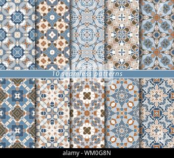 Dieci modelli senza giunture. Simmetriche ornamento rettangolare in stile etnico. Arabo florido motif. Illustrazione Vettoriale