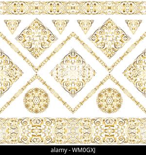 Seamless motivi etnici per confine. Ripetuti oriental motif per tessuto o carta di design. Modello di oro su sfondo bianco. Ornati in vignette per il vostro Illustrazione Vettoriale