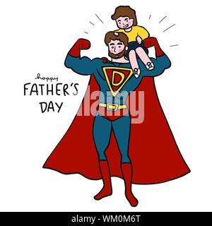 Happy Father's Day super eroe papà con baby boy cartone animato illustrazione vettoriale Illustrazione Vettoriale