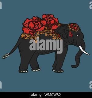 Elefante nero con fiore Thai stile art disegno illustrazione vettoriale Illustrazione Vettoriale