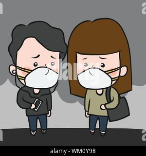 Uomo e donna che indossano maschera inquinamento copertina cartoon vettore illustrazione Illustrazione Vettoriale