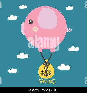 Salvadanaio di palloncino e risparmio borsa moneta battenti su sky cartoon illustrazione vettoriale Illustrazione Vettoriale