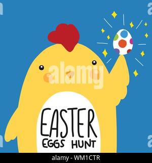 Uovo di Pasqua Caccia azienda pollo colorato sparkle egg cartoon illustrazione vettoriale doodle style Illustrazione Vettoriale