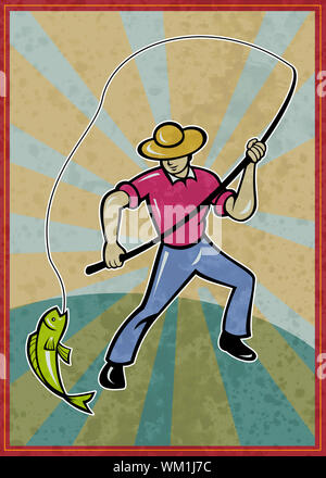 Poster illustrazione di un pescatore di pesca per la cattura di pesce con asta con sunburst in background Foto Stock