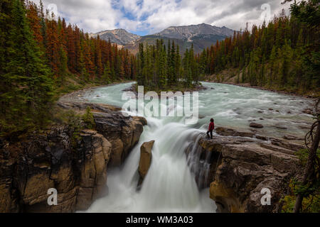 La donna è in piedi sul bordo di una scogliera da una bella cascata nelle Montagne Rocciose Canadesi durante il giorno d'estate. Preso in Sunwapta Falls, Jasper, Alberta, Foto Stock