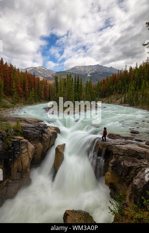 La donna è in piedi sul bordo di una scogliera da una bella cascata nelle Montagne Rocciose Canadesi durante il giorno d'estate. Preso in Sunwapta Falls, Jasper, Alberta, Foto Stock