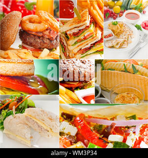 Gli hamburger e panini raccolta su un collage Foto Stock