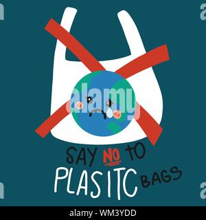 Dire di no ai sacchetti di plastica triste cartoon terra illustrazione vettoriale Illustrazione Vettoriale