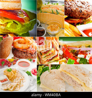 Gli hamburger e panini raccolta su un collage Foto Stock