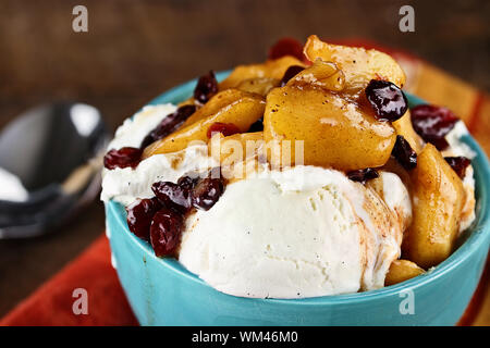 Ciotola di ricca crema gelato alla vaniglia e rabboccato con un apple e salsa di mirtilli con estrema profondità di campo. Perfetto dessert per l'autunno! Foto Stock