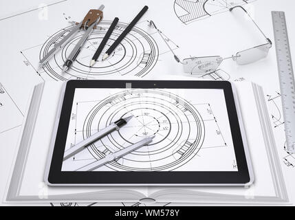 Tablet PC, compassi di disegno a matita, bicchieri e il righello posto su  spead disegno tecnico. Lo schermo del PC mostra parte del disegno stesso  Foto stock - Alamy