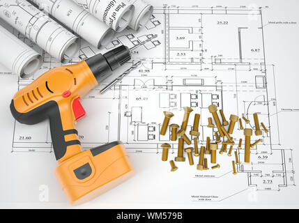 Cacciavite elettrico, bulloneria di fissaggio, tarli e fatto scorrere i progetti sulla diffusione disegno architettonico. Costruzione concetto di business. Foto Stock