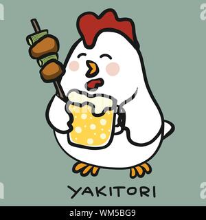 Il cibo giapponese Yakitori di Pollo con birra cartoon illustrazione vettoriale doodle style Illustrazione Vettoriale