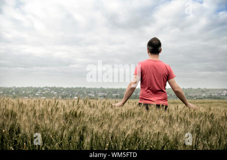 Giovane uomo di toccare punte di grano-NOTA-Alto contrasto fotografia/grano è stato aggiunto Foto Stock