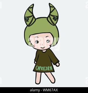 Capricorno oroscopo ragazza cartoon illustrazione vettoriale doodle style Illustrazione Vettoriale