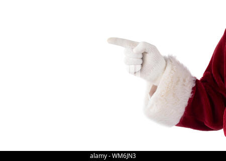 Santa Claus punti a qualcosa su sfondo bianco Foto Stock