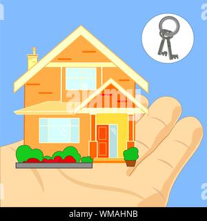 Disegno piatto della casa. Mano dell'agente con la casa nel palmo. Chiave casa. Offriamo di acquistare una casa o affittare una proprietà. Vettore Illustrazione Vettoriale