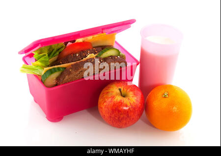 Rosa sano pranzo scatola riempita con pane per tener lontano Foto Stock