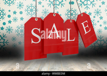 Red Tag vendita contro il simbolo del fiocco di neve lo sfondo su pannelli del pavimento Foto Stock