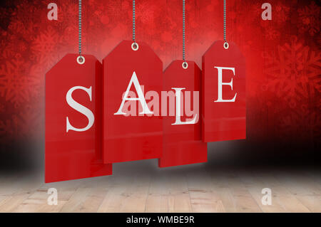 Red Tag vendita contro il simbolo del fiocco di neve lo sfondo su pannelli del pavimento Foto Stock