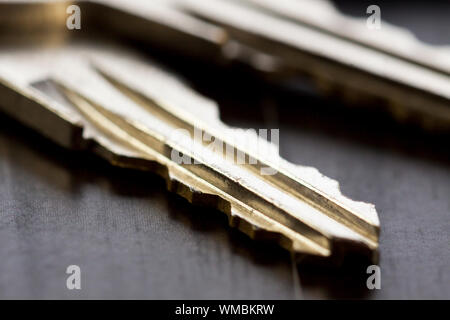 Macro Shot della casa concettuale tasti sulla parte superiore del tavolo in legno Foto Stock