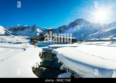 Llandscape e località sciistica nelle Alpi Francesi,Tignes, Le Clavet, Tarentaise, Francia Foto Stock