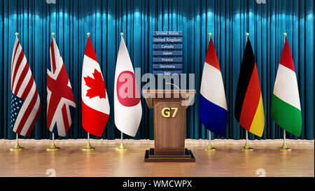 G7 bandiere nazionali disposti in una sala conferenze. 3D'illustrazione. Foto Stock