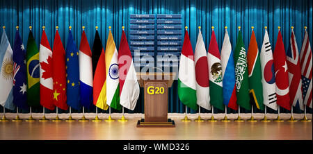 G20 bandiere nazionali disposti in una sala conferenze. 3D'illustrazione. Foto Stock