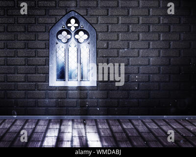 Illustrazione di un muro di mattoni interno con pavimento in legno e finestre in stile gotico. Foto Stock